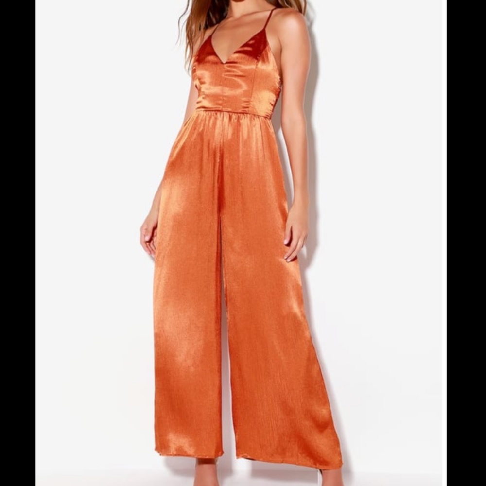 Duboce Rust Orange Satin Wide-Leg Jumpsuit